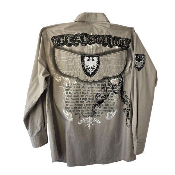 Russo Spirit Shirt Men 3XL Gothic Crest Wing Graphic Btn Up Y2K Affliction Style - Picture 1 of 12